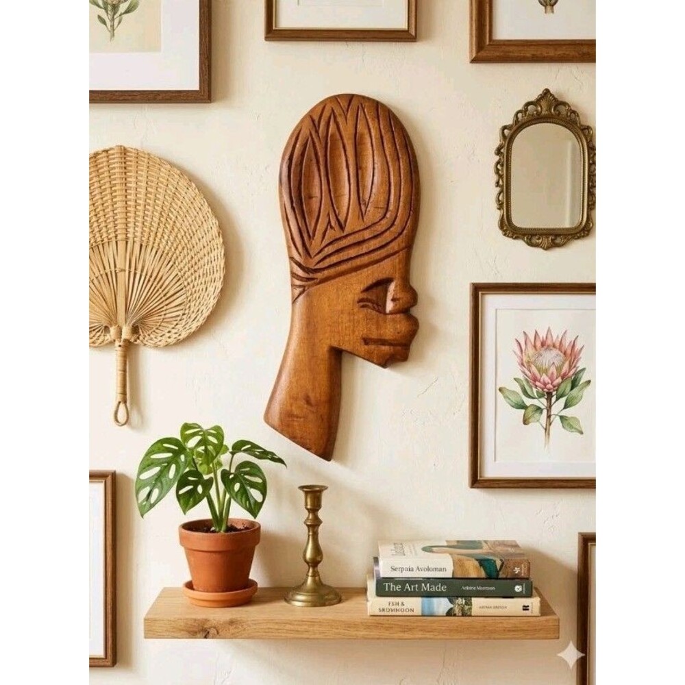 Vintage Hand Carved Wood African Female Bust Profile Wall Hanging Plaque